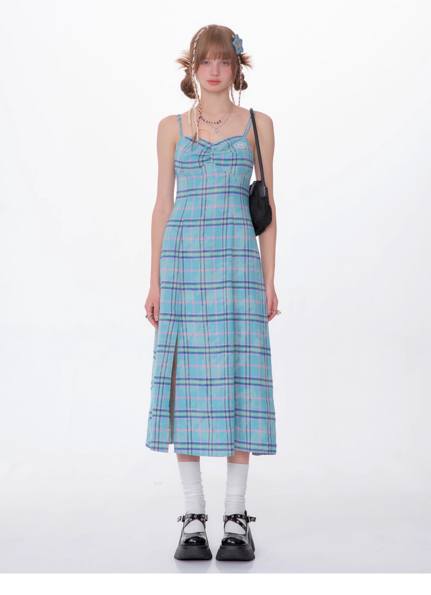 Slit Suspender Plaid Dress