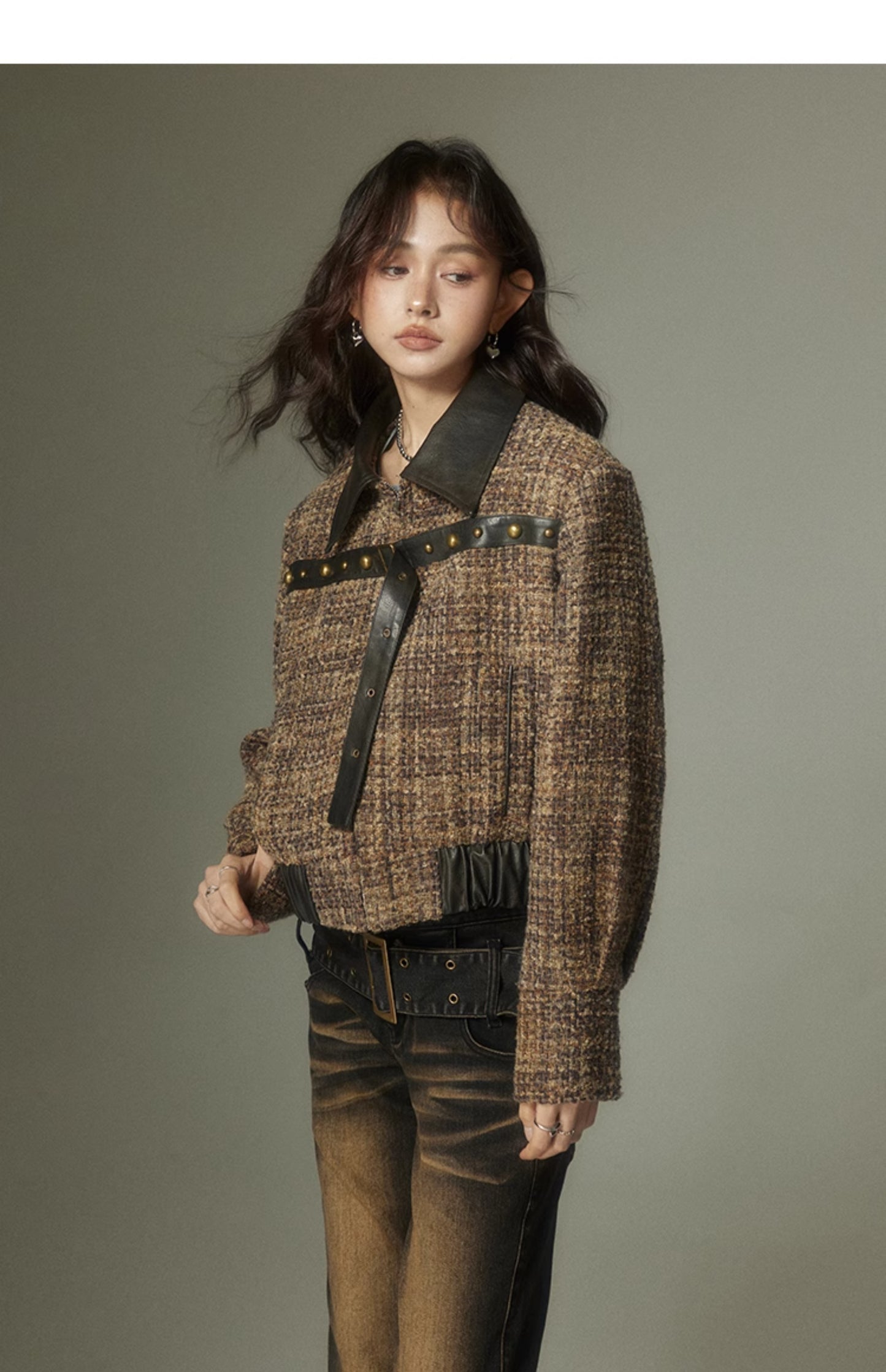 Brown Check Leather Patch Jacket