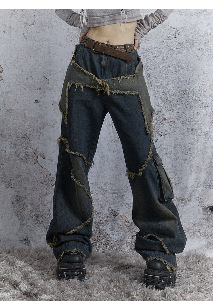 Washed Star Damaged Design Denim Pants