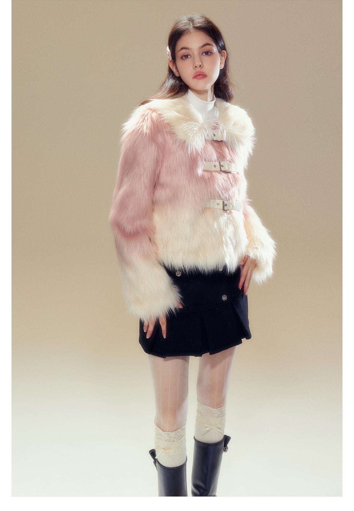 Short Length Gradient Leather Buckle Fur Jacket