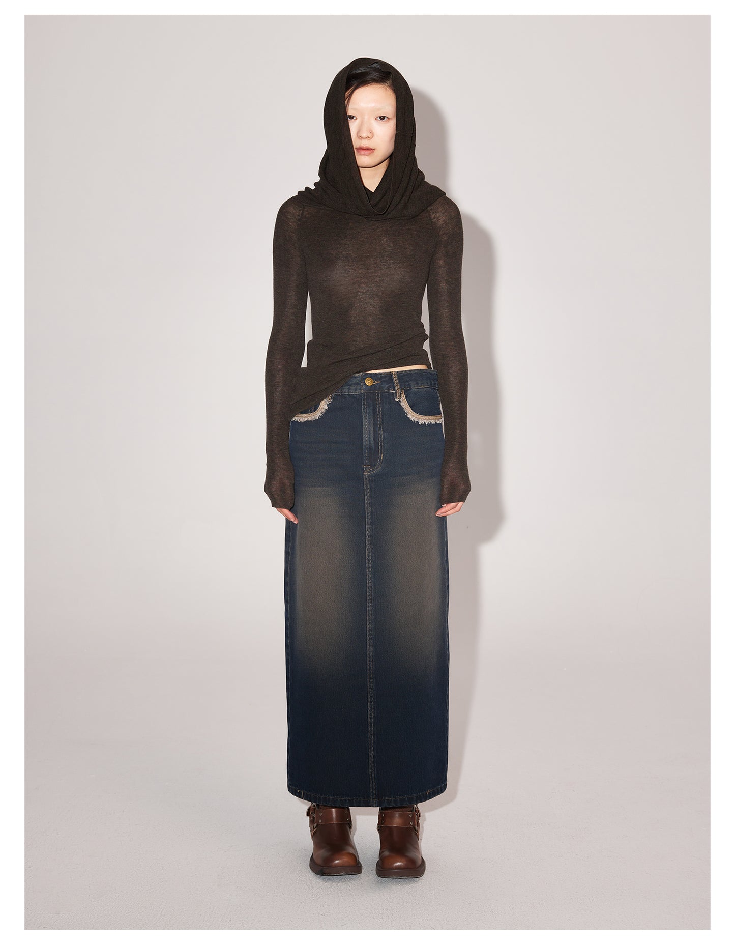 Slim Fit Long Length Washed Denim Skirt