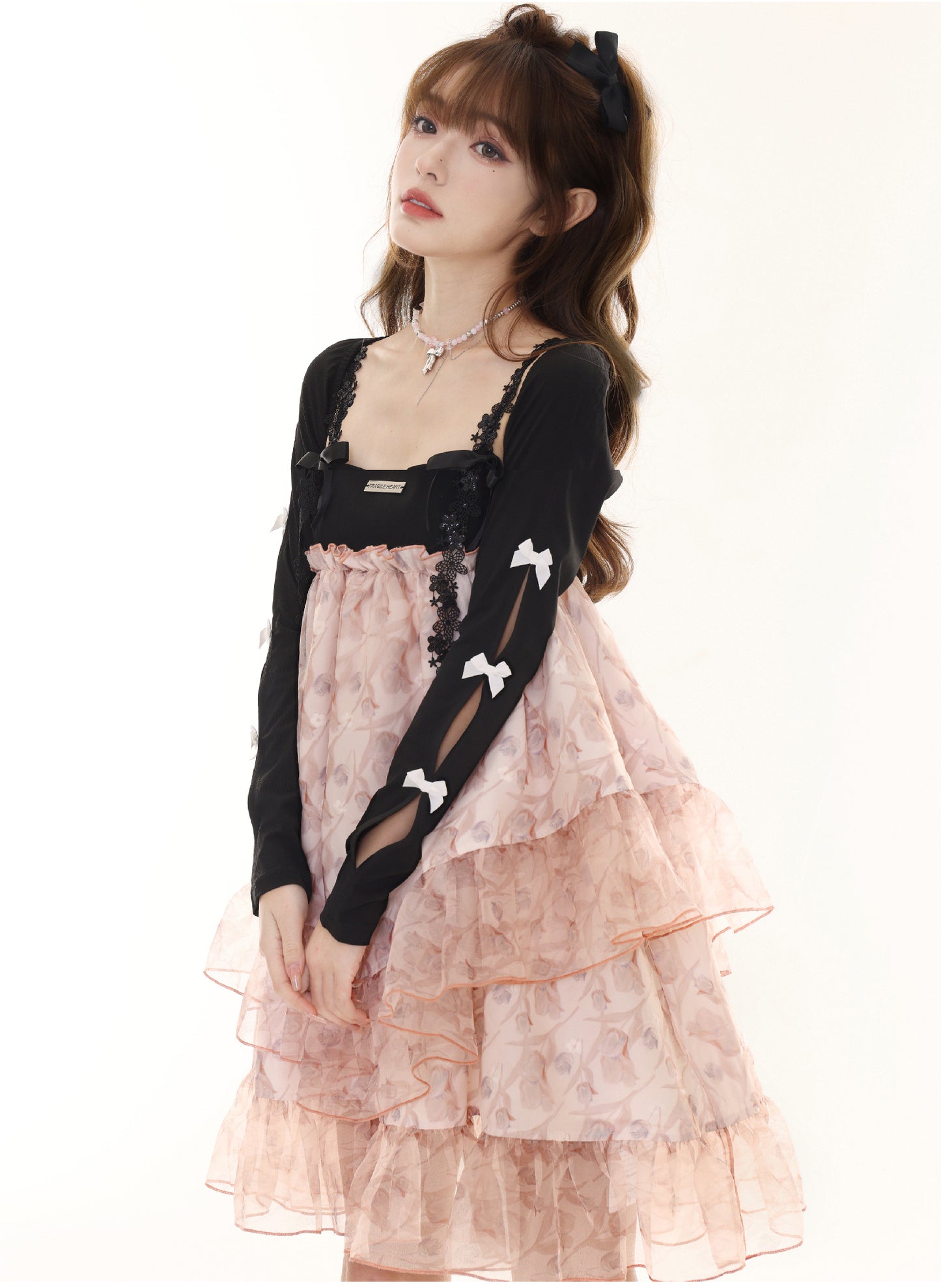 Shoulder Ribbon Ruffle Girly Suspender Dress