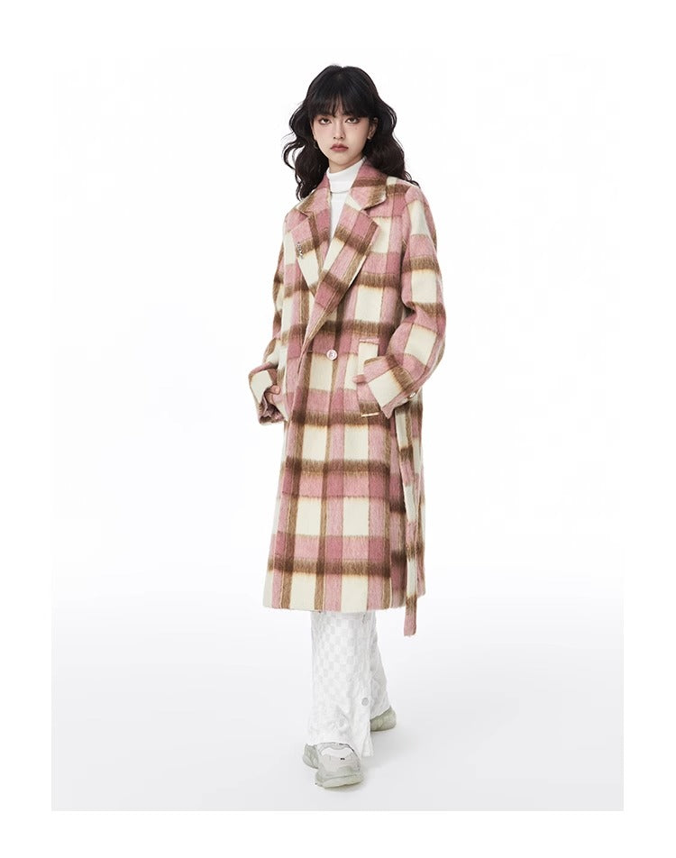 Checked wool mid-length coat