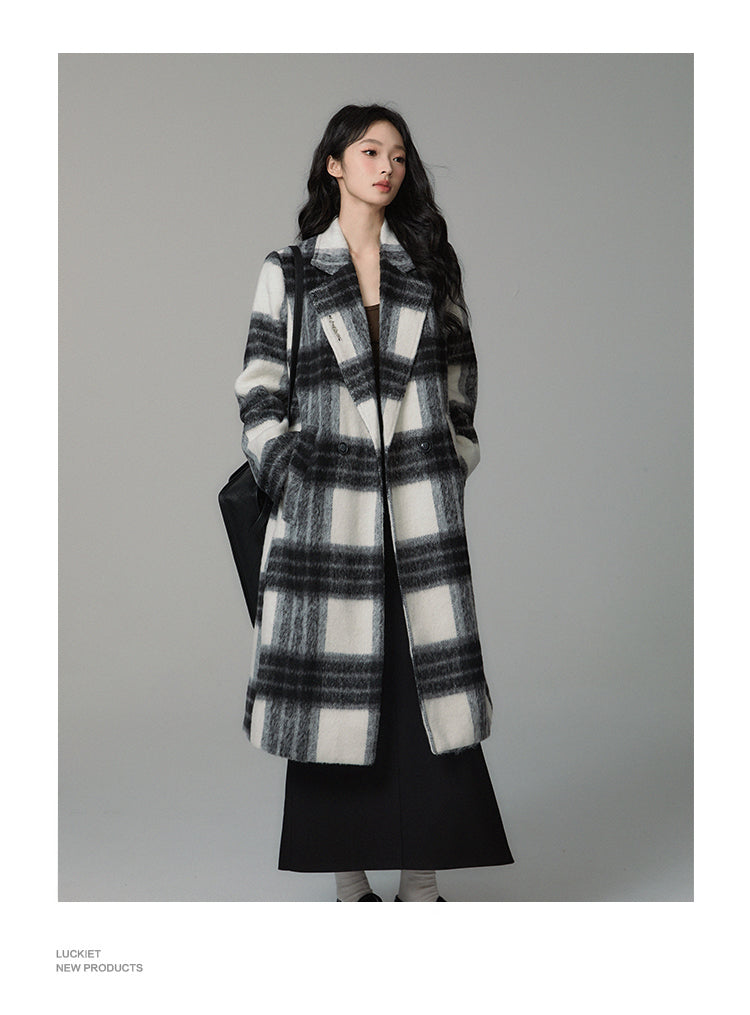 Checked wool mid-length coat