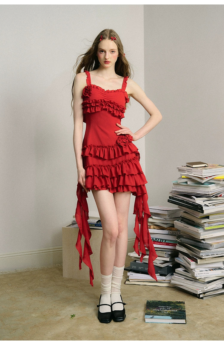 Relaxed French Red Suspender Dress