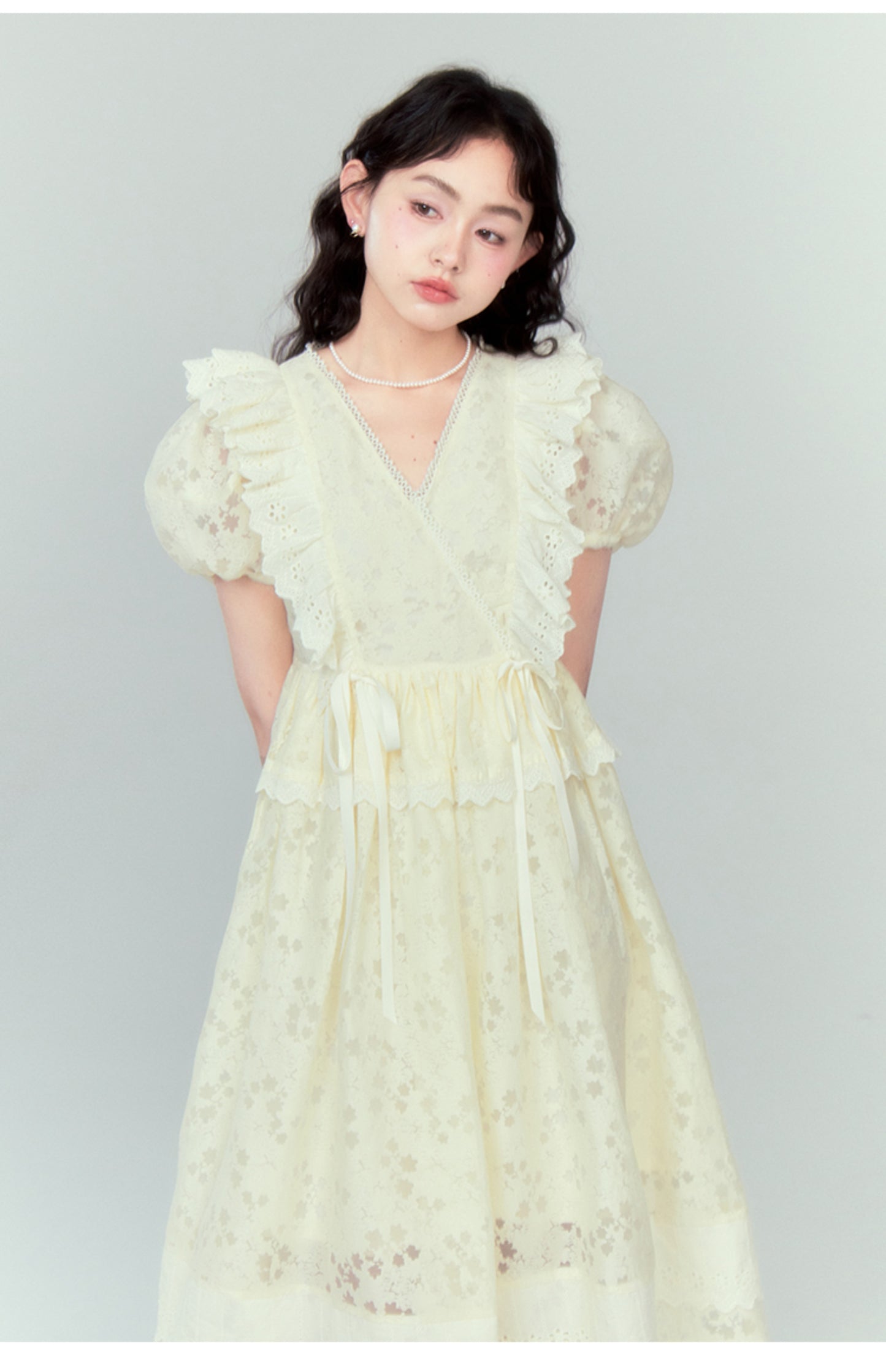 V-Neck Floral Pattern Ruffle Puff Sleeve Long Length Dress