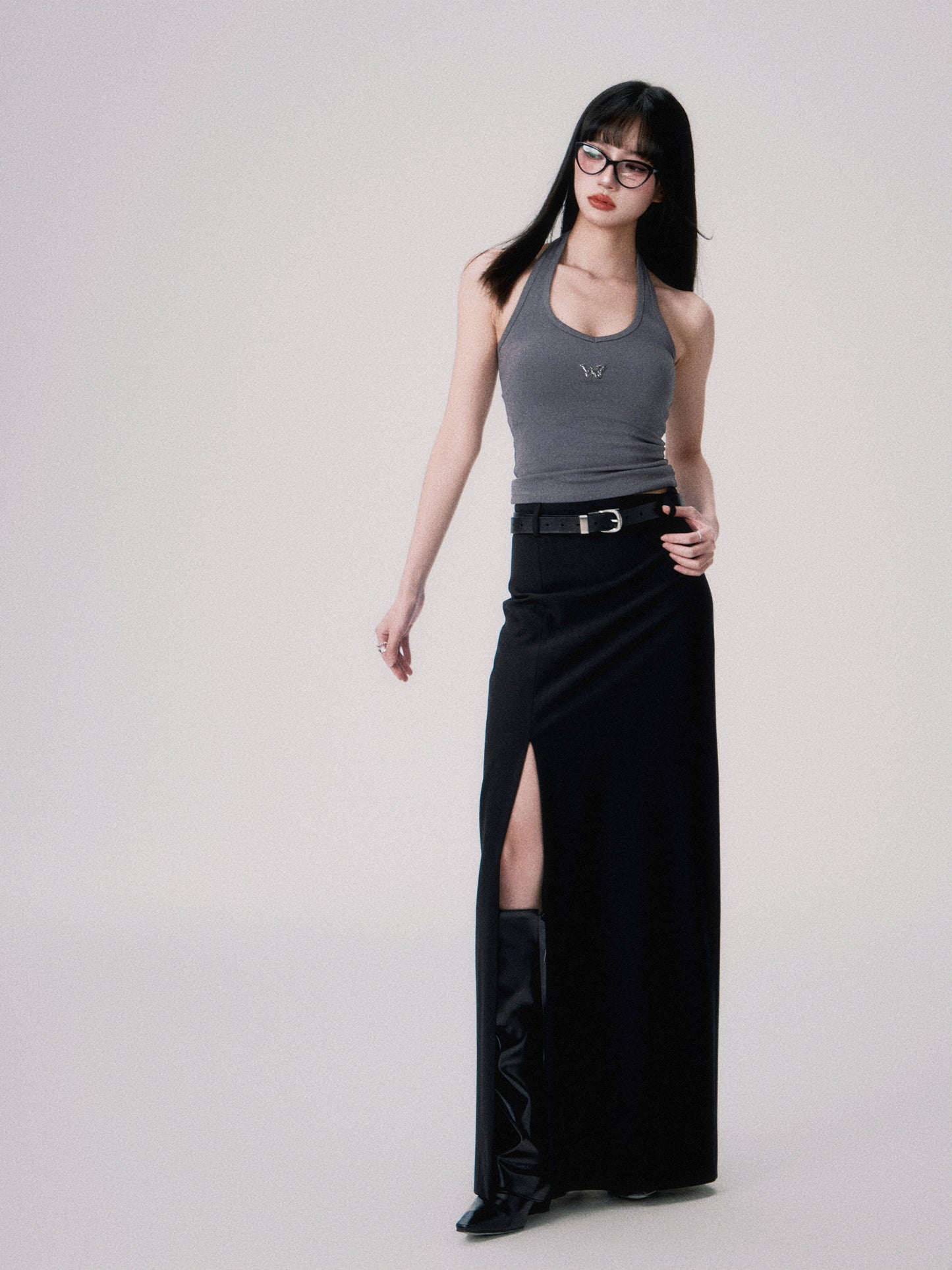 Slim straight mid-waist slit long skirt