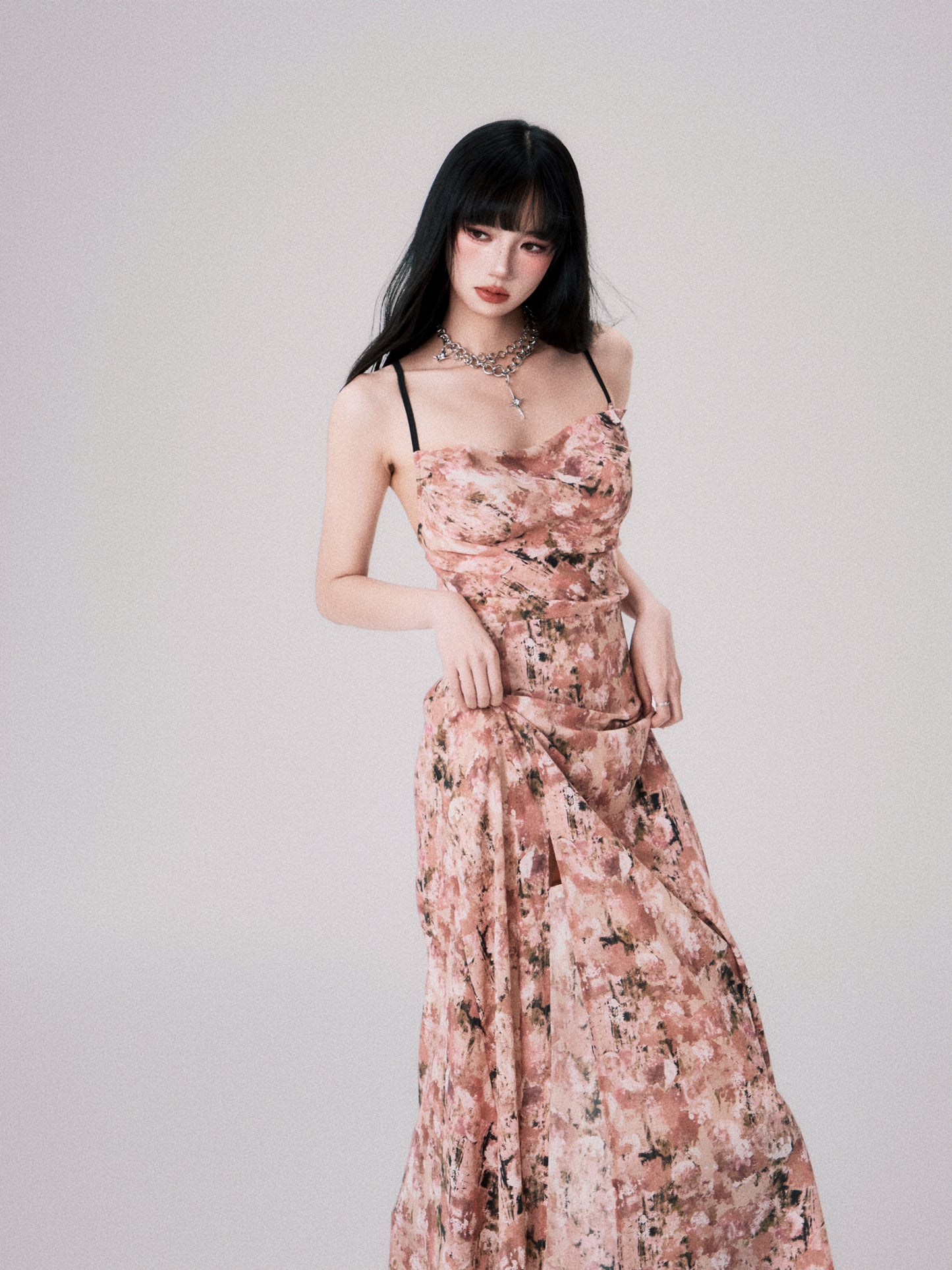 Slim fit floral slit suspender dress