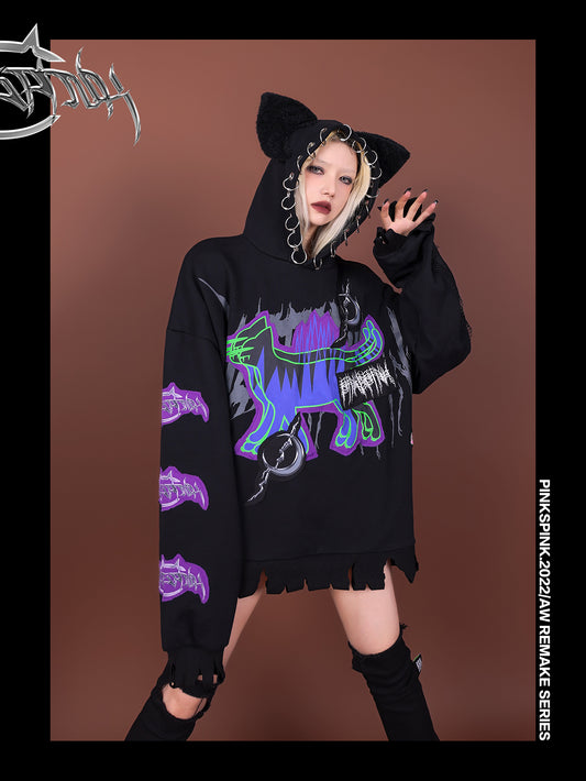 Cat Ear Hood Ring Damage Hoodie