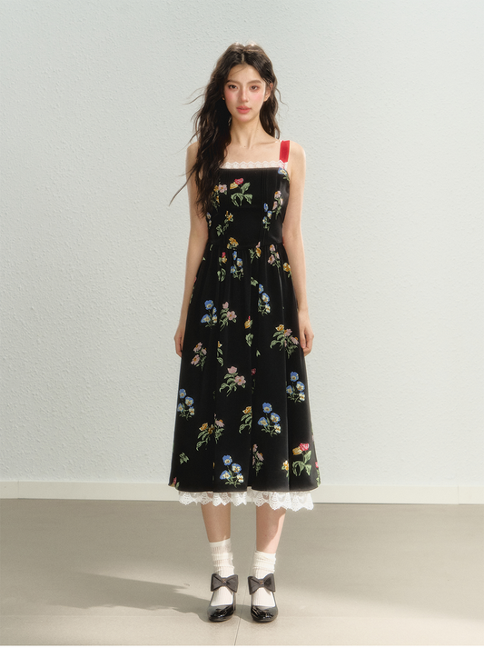 Floral Pattern Waist Suspender Skirt