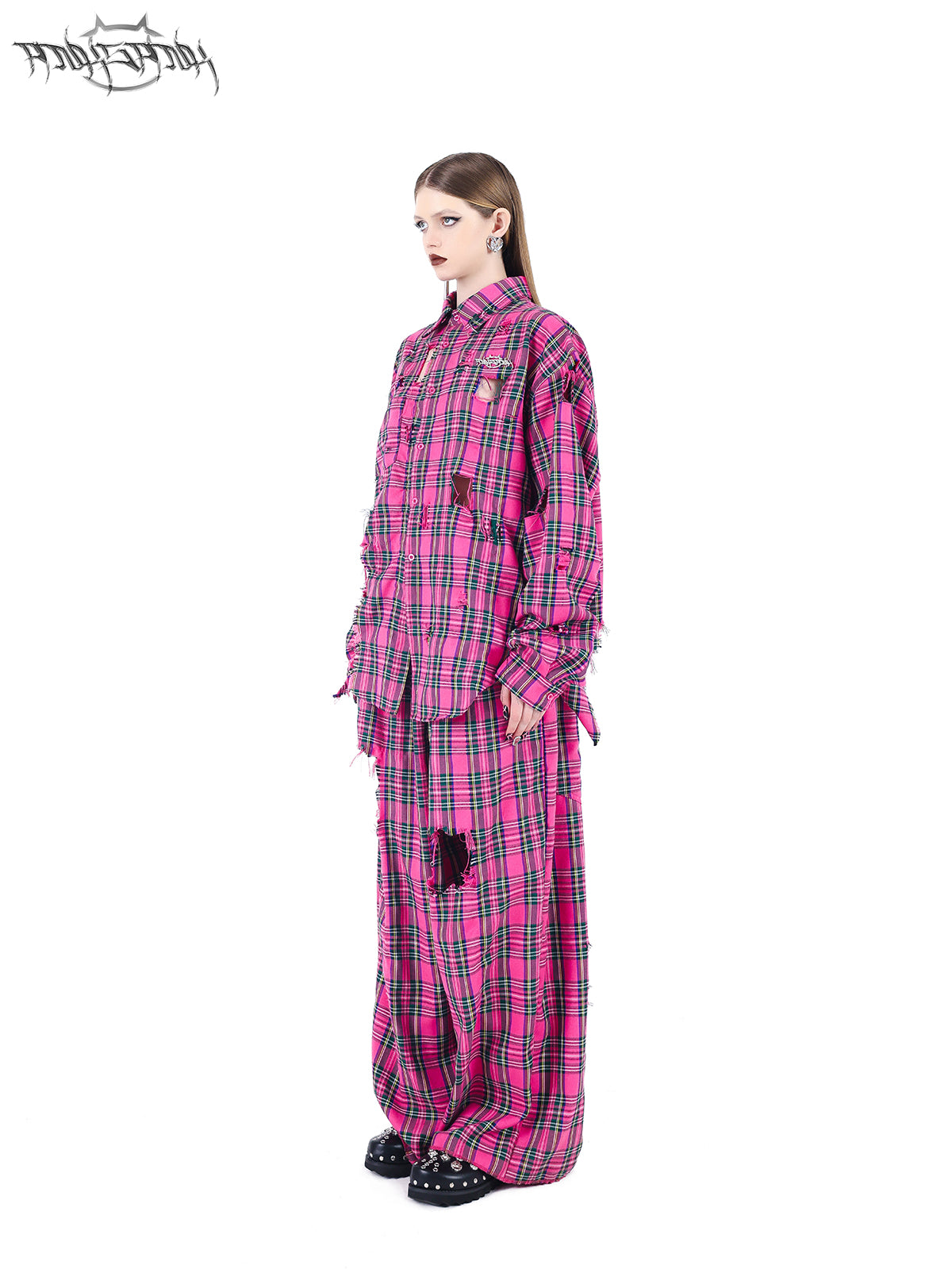 Loose fit pink plaid damaged shirt