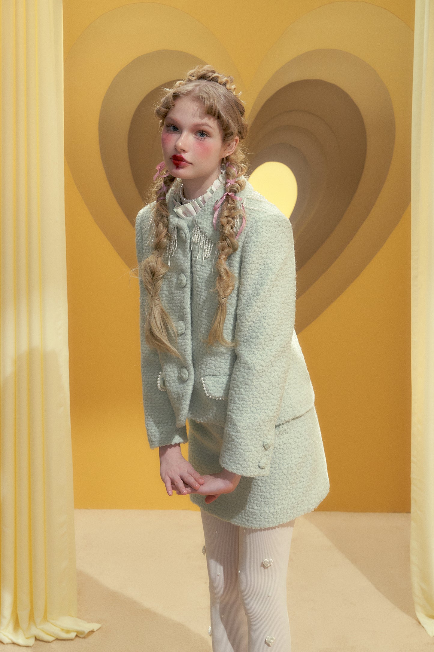 Mint green pearl tassel decorated wool short coat