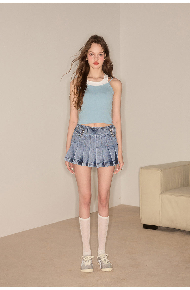 Slim Pleated Line Washed Denim Skirt