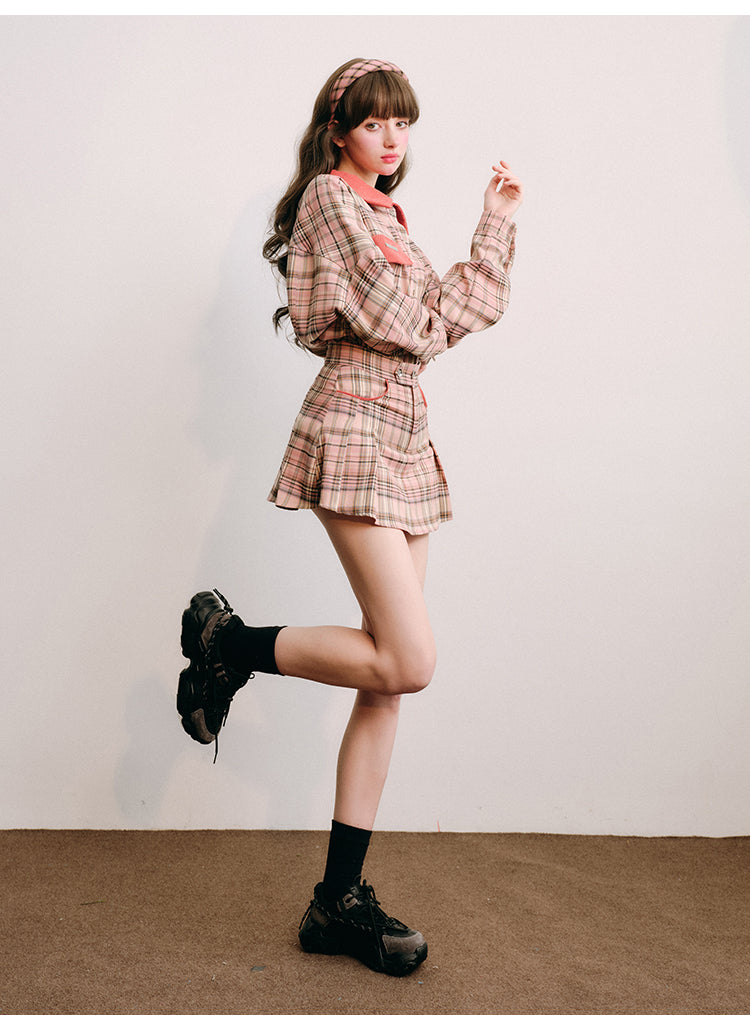 Loose Fit Plaid Shirt Jacket &amp; Pleated Skirt Set-Up