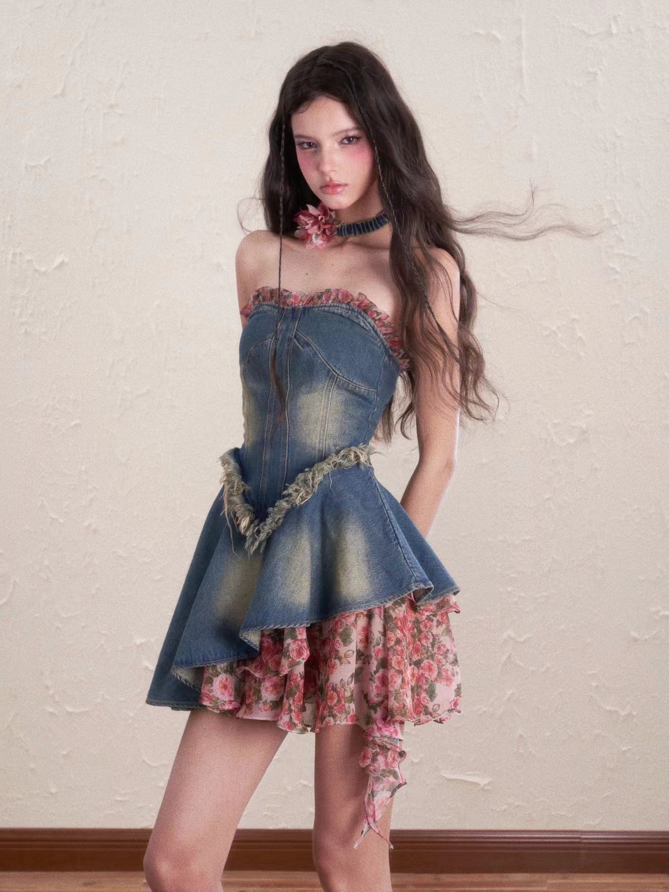 Flower Stitch Tube Top Denim Dress