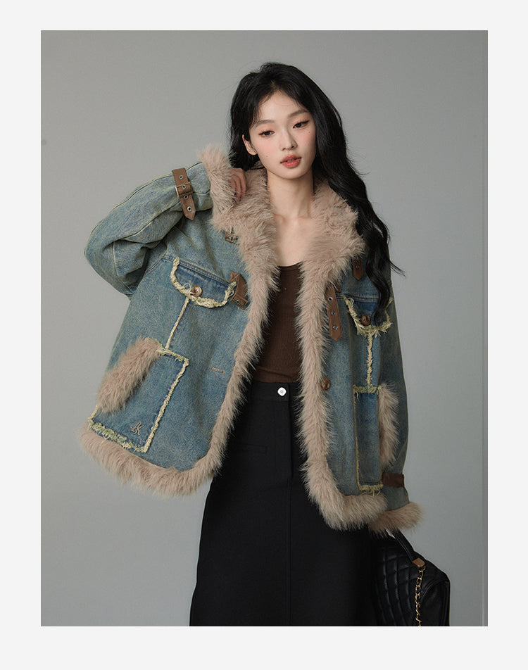 retro fur stitch denim coat