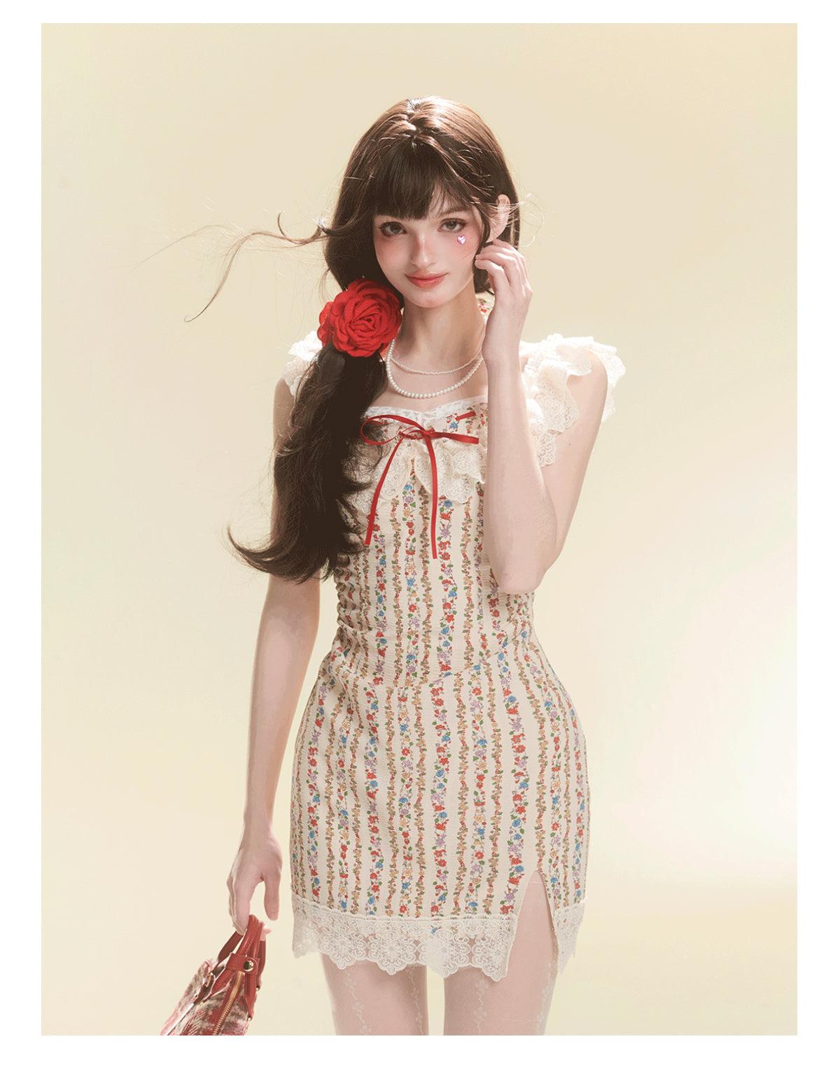 Floral Pattern Stripe Suspender Dress