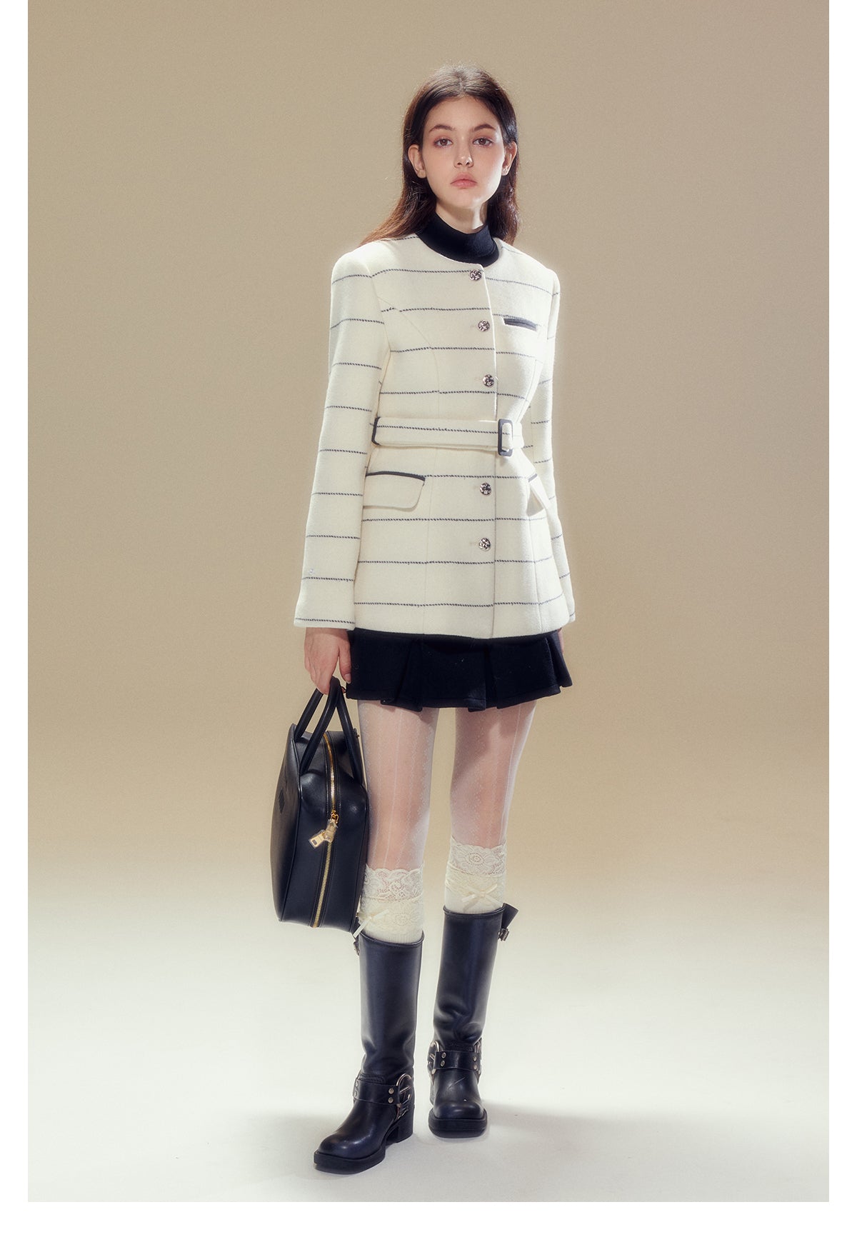 Short length striped collar fur wool coat