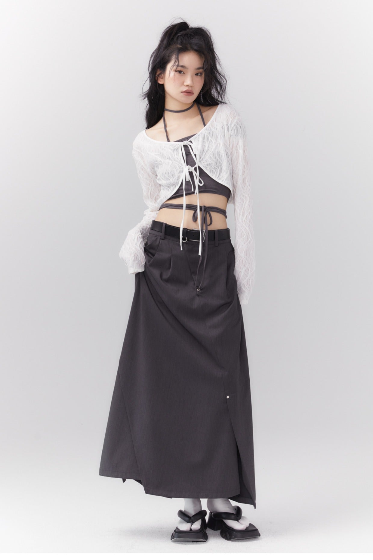 Asymmetrical long length pleated skirt