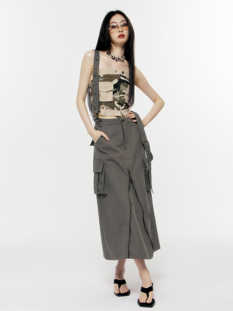 Overalls Suspender Star Riveted Straight Long Skirt