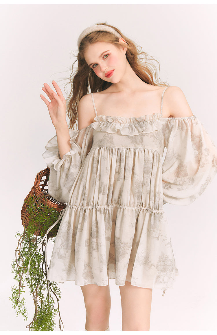 Square Neck Off-Shoulder Lace Ruffled Dress