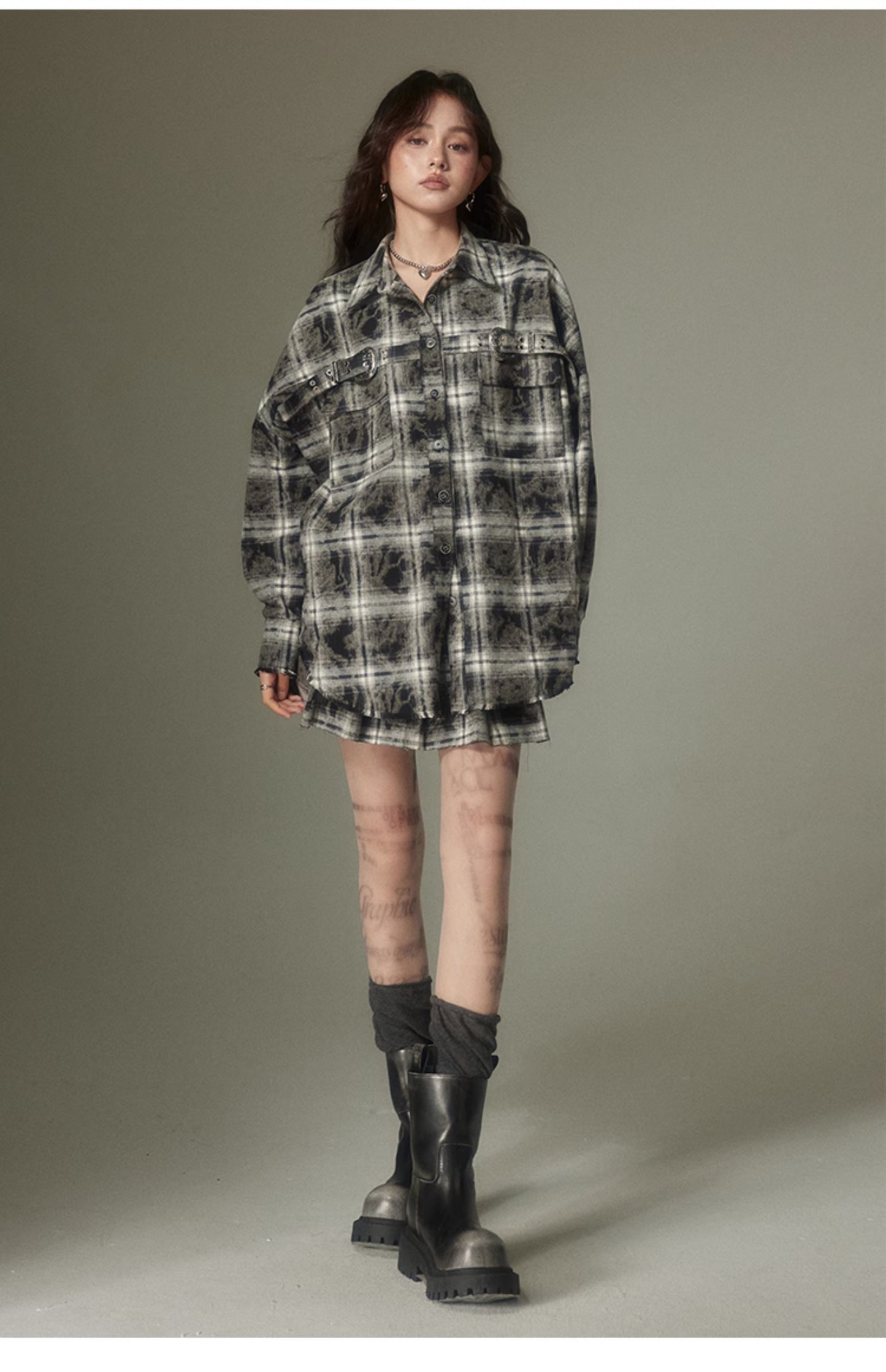 Contrast Checked Shirt &amp; Pleated Skirt Setup