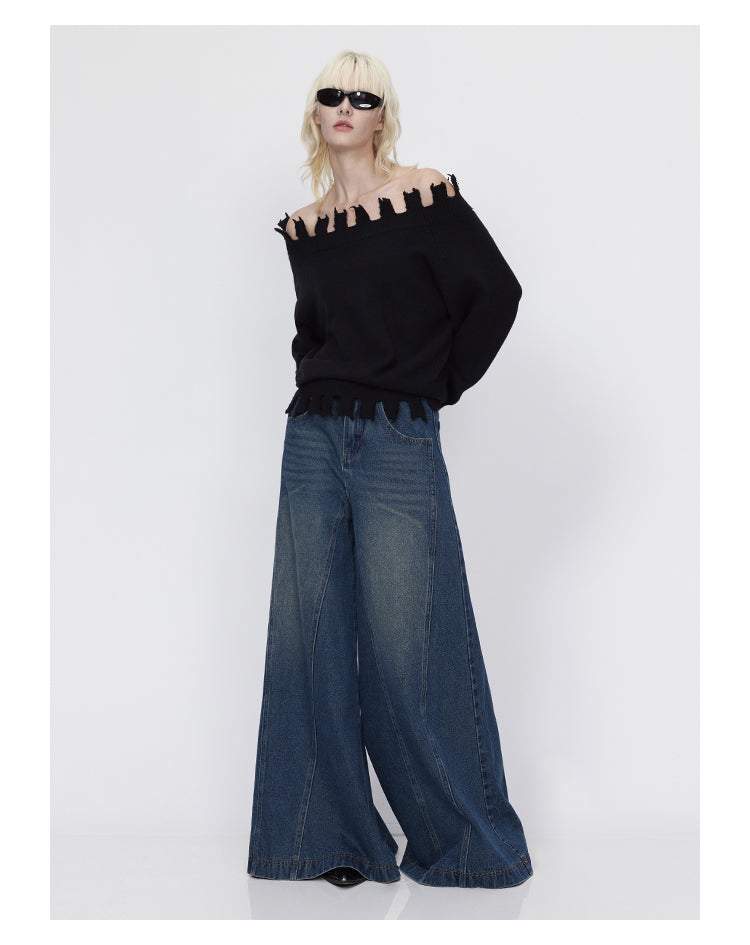 Oversized wide leg washed retro glare denim pants