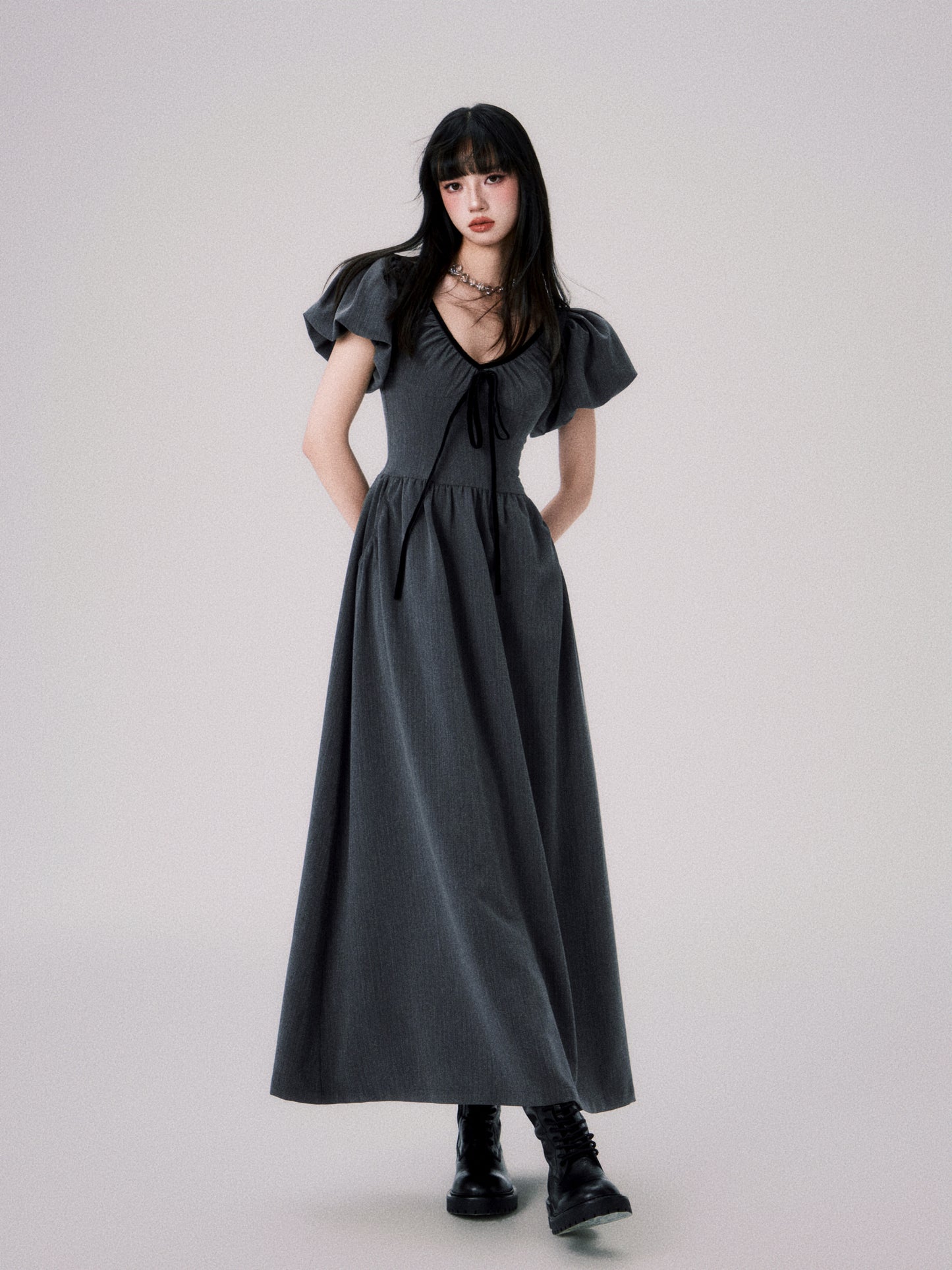 French V-neck Puff Sleeve Ribbon Dress