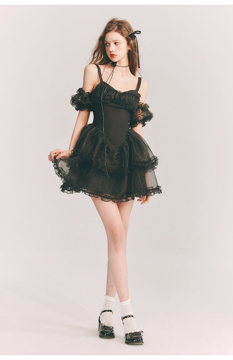 Frill Suspender Puff Skirt Short Dress