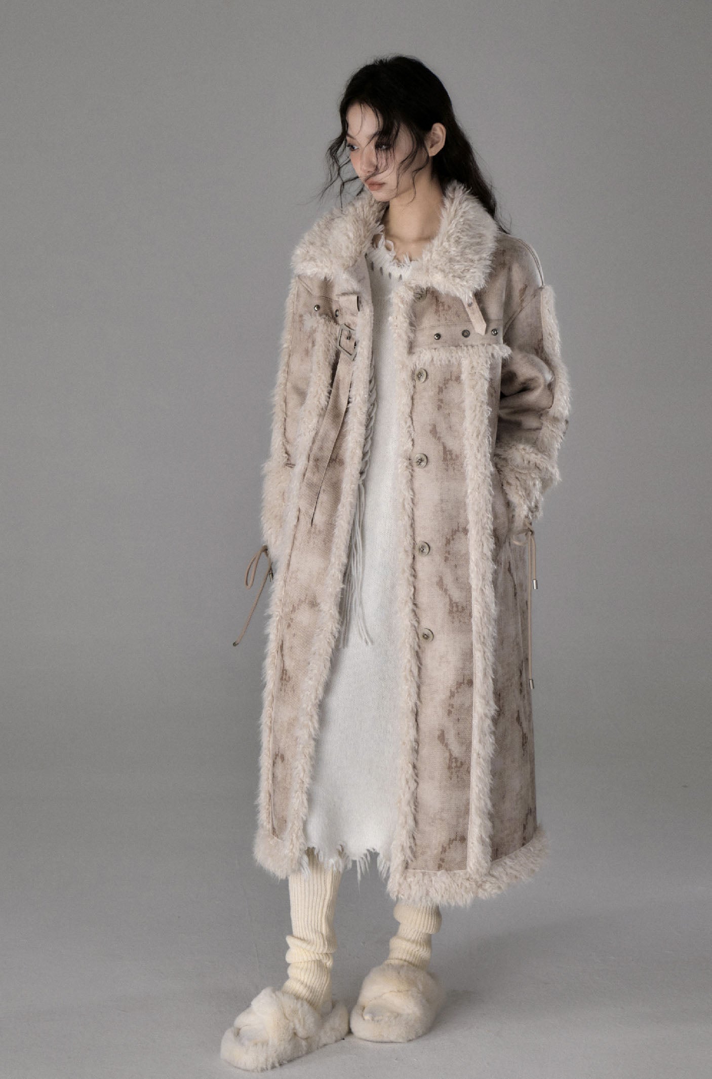 Lamb fur dress patched thick coat