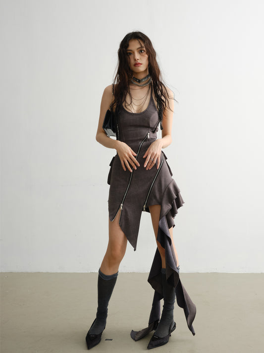 Ruffle Suspender Skirt with Zipper Decoration