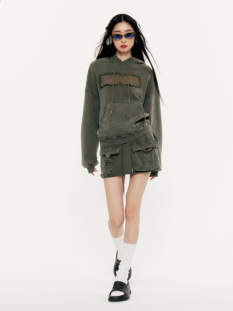 Embroidered Edge Loose Military Green Sweatshirt Setup