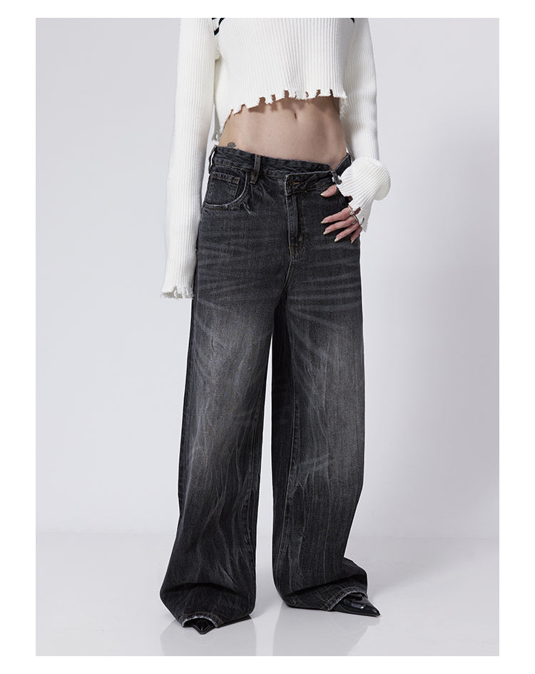 Wide Leg Washed Retro Flared Black Denim Pants