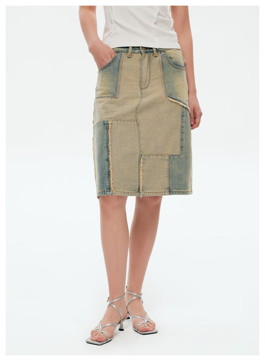 Reconstructed Retro Washed Slim A-Line Skirt