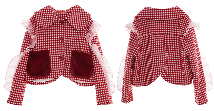 Girly Red Check Ruffle Jacket