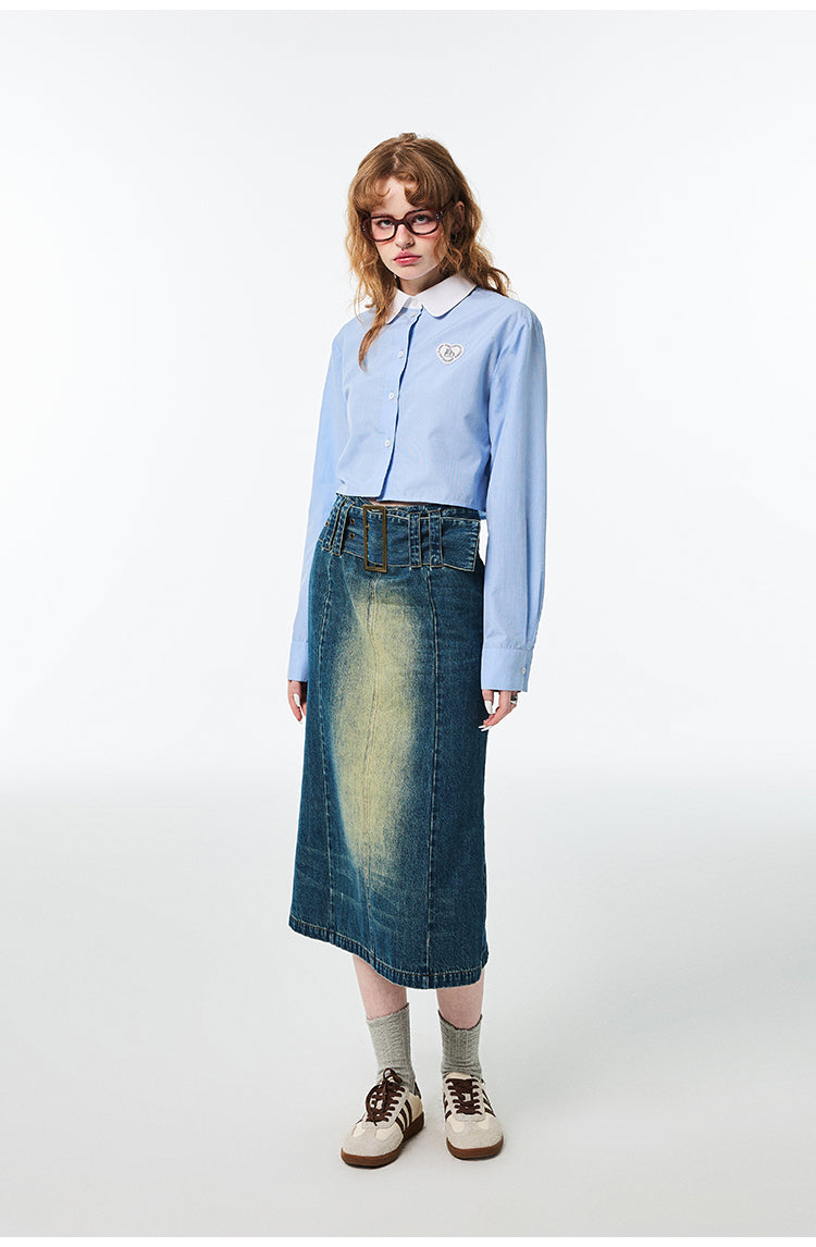 Hip Hugging High Waist Mid Length Denim Skirt