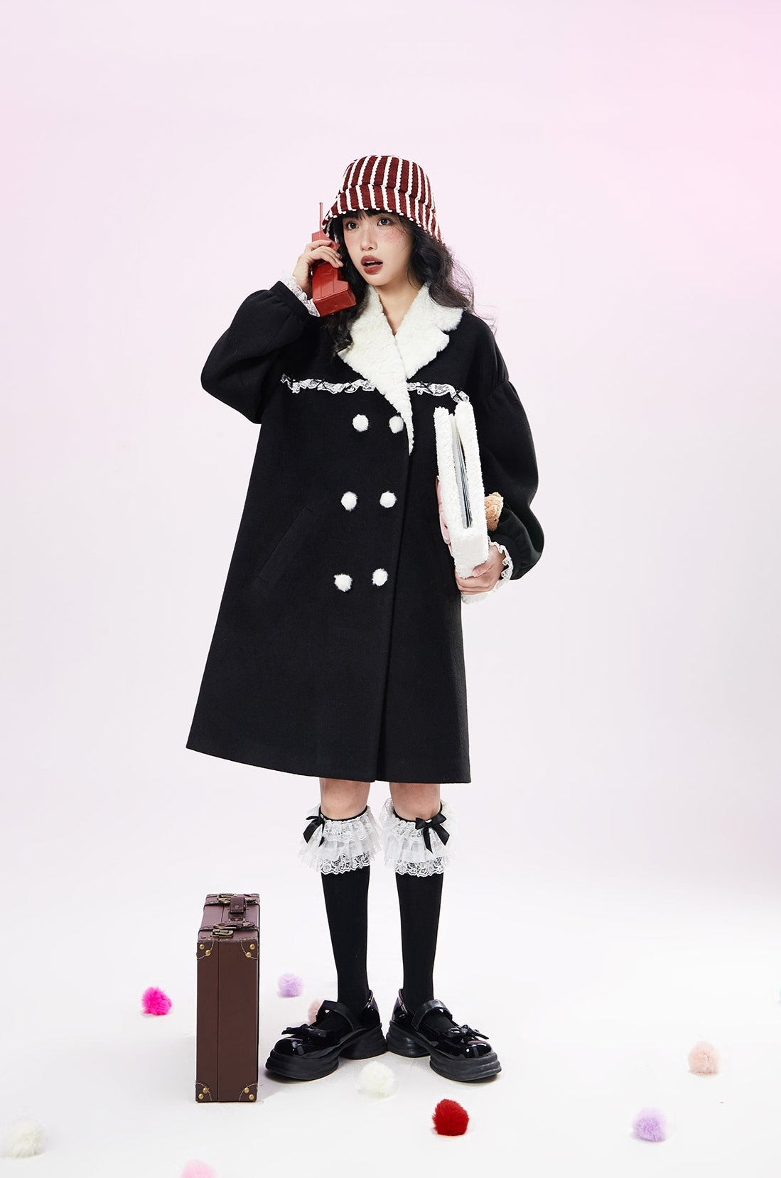 Original design black and white contrast wool coat women's winter