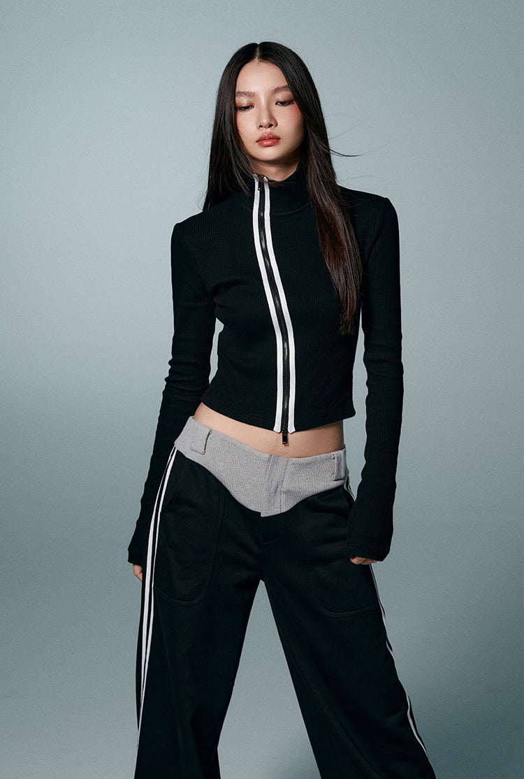 Zip Tight Fit Knit Top&Loose Straight Sideline Sports Pants Setup