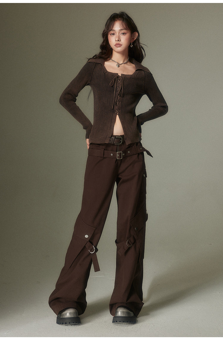 Loose Straight Double-Belt Multifunctional Pants