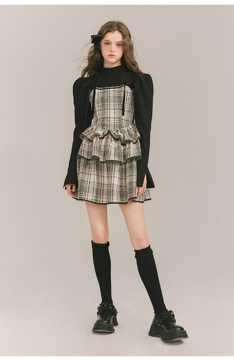 Checkered Shoulder Bow Fake Two-piece Dress