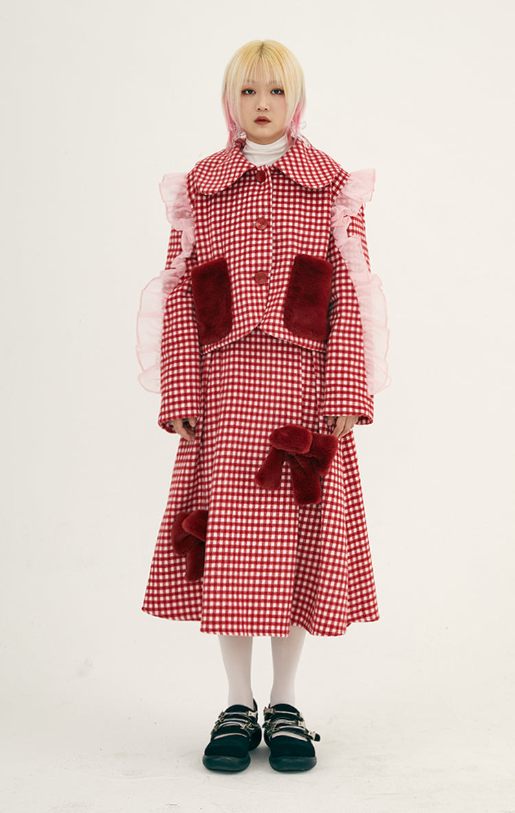 Girly Red Check Ruffle Jacket