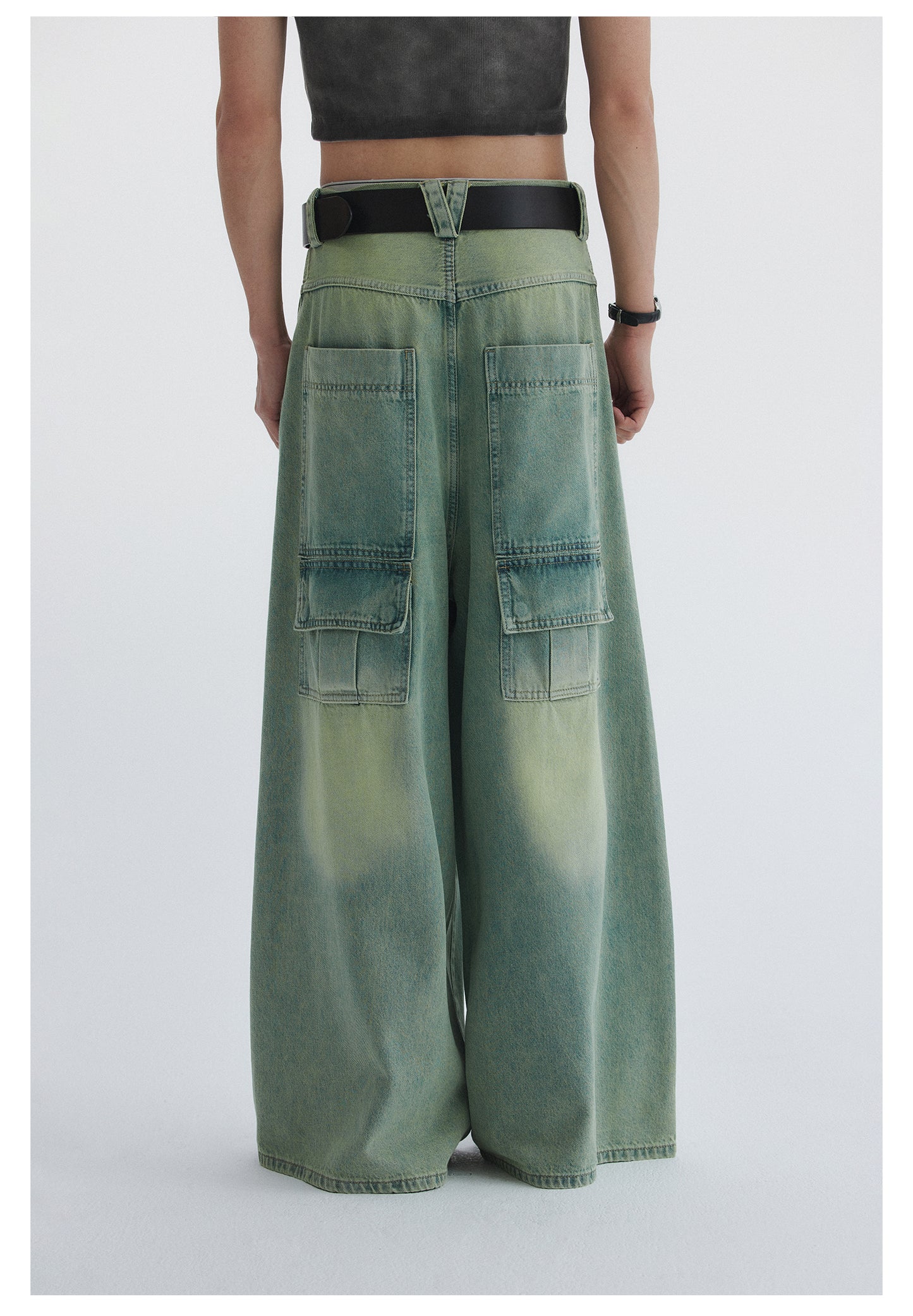 Wide-leg flared multi-pocket washed denim pants