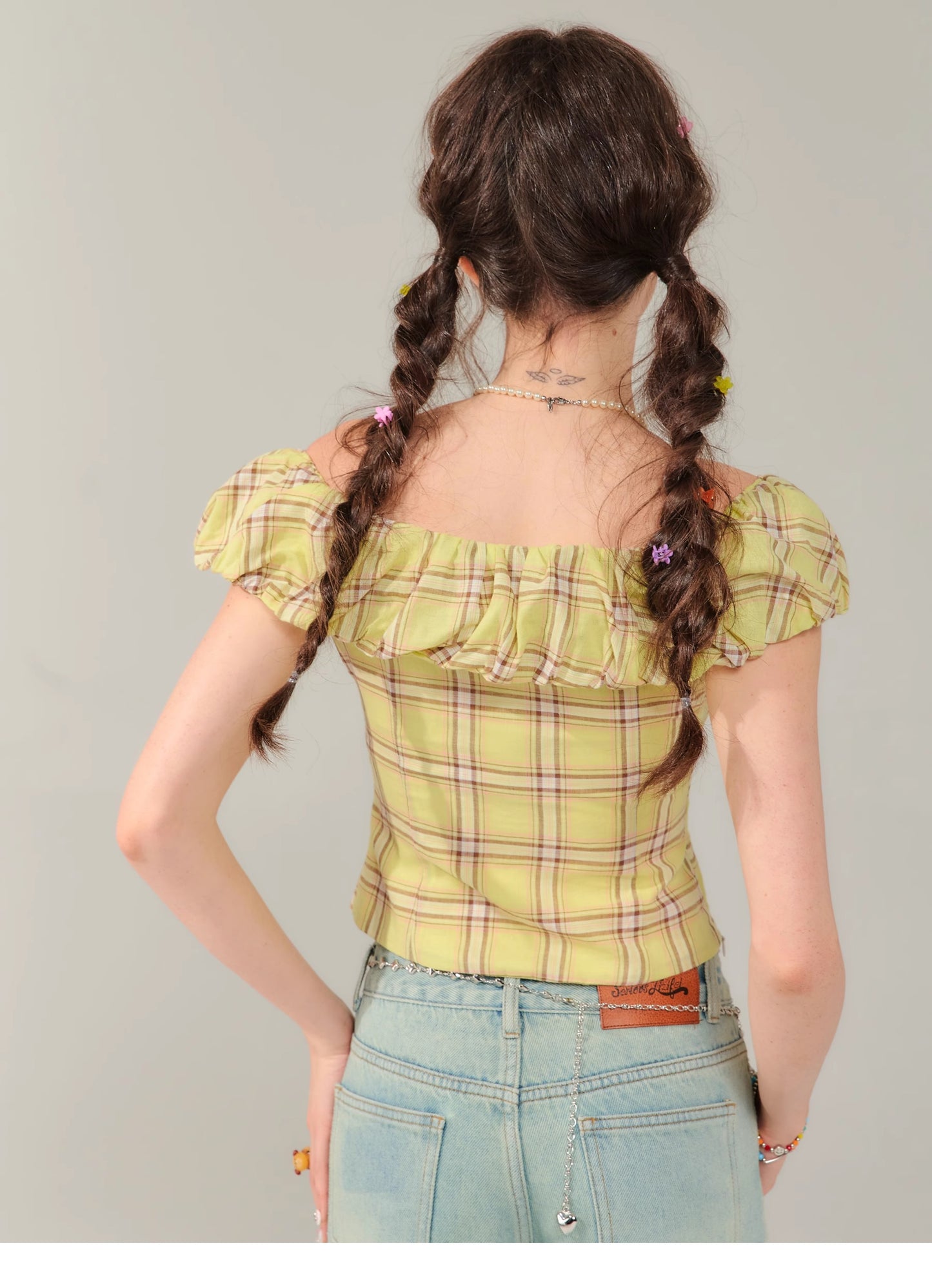 Plaid one-shoulder shirt