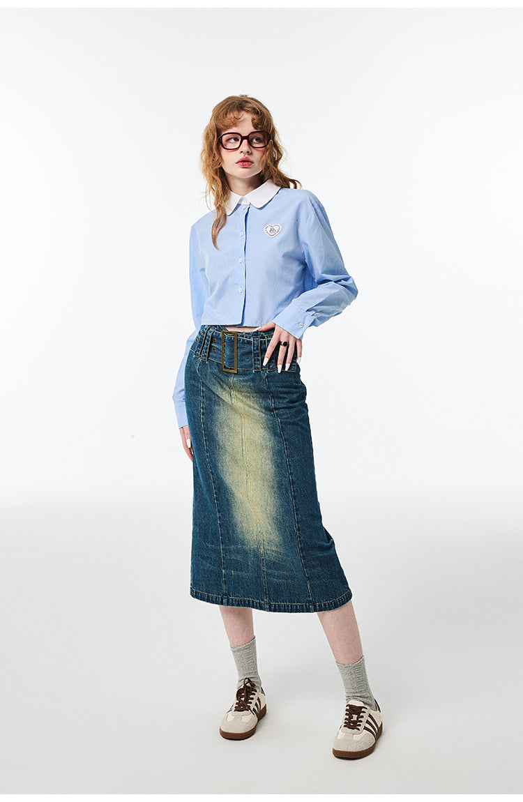 Hip Hugging High Waist Mid Length Denim Skirt