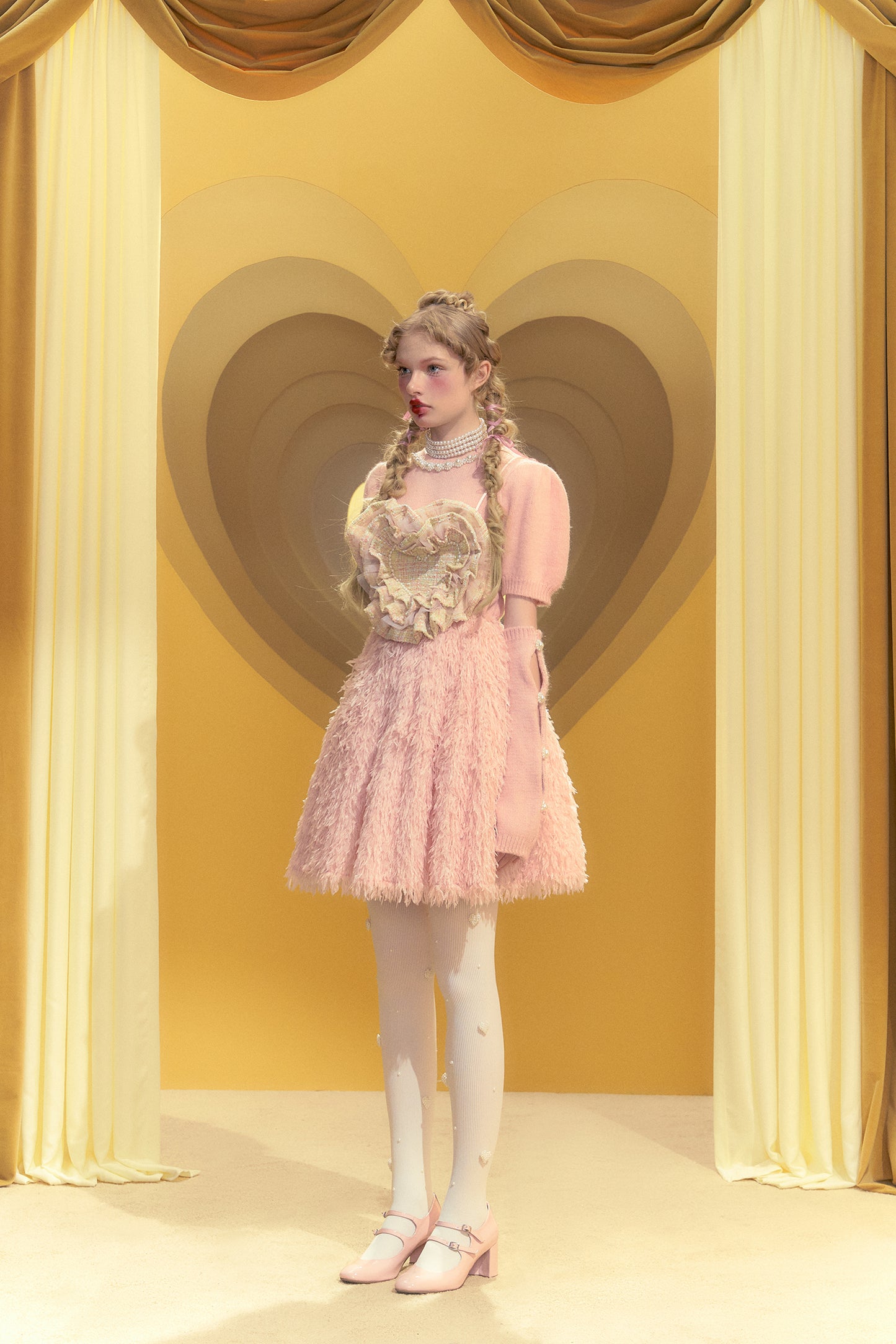 Pink Tweed Layered Love Pearl Embellished Fur High Waist Suspender Skirt