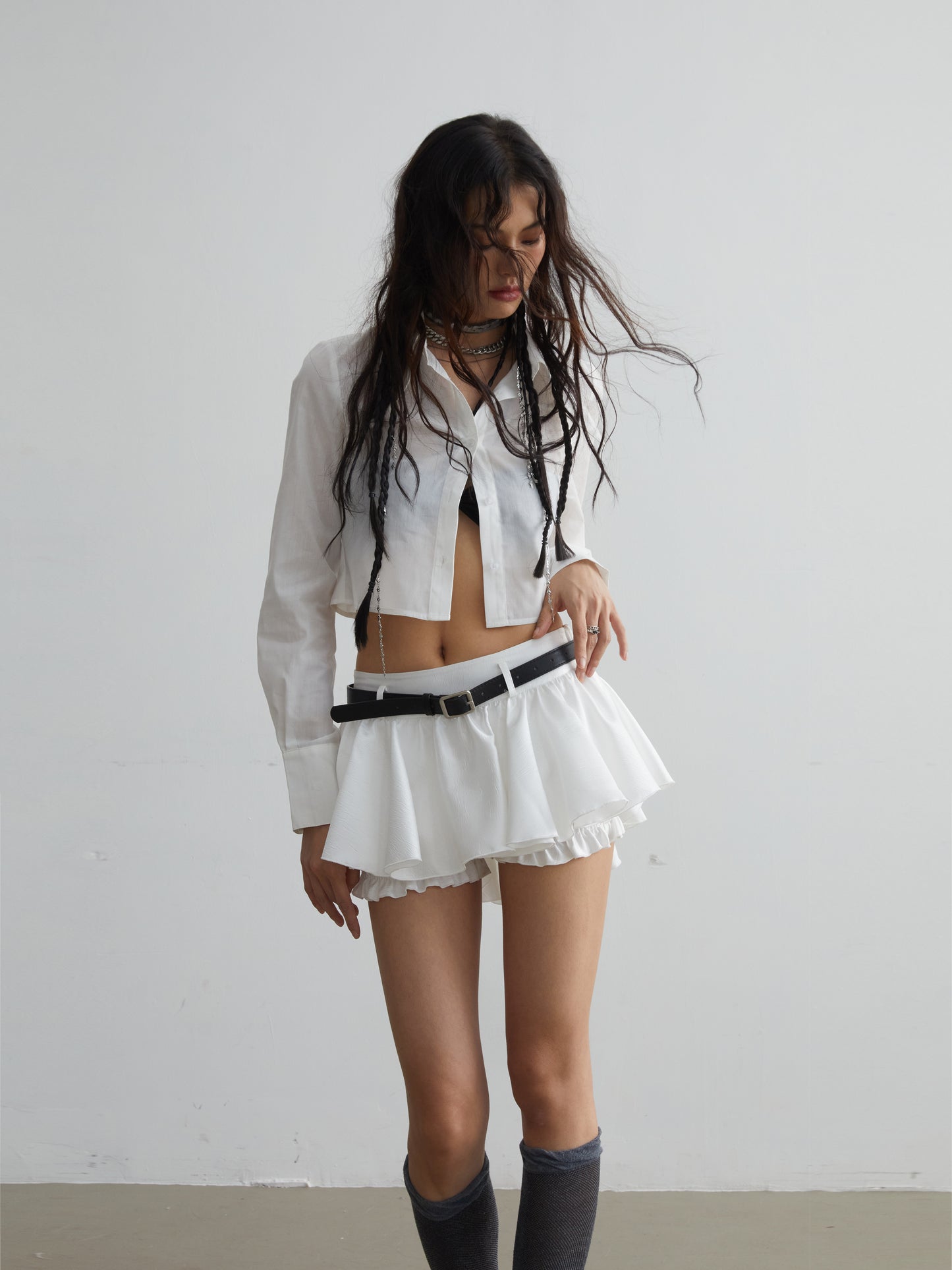 Belt Decoration Anti-exposure Frill Miniskirt