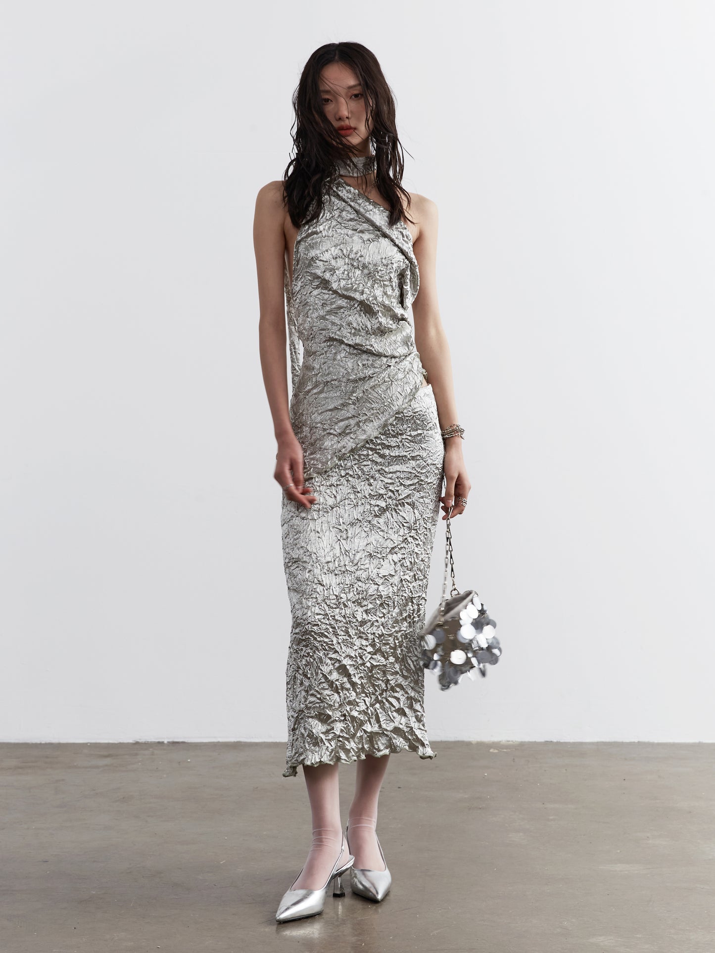 Metallic satin vest and skirt set