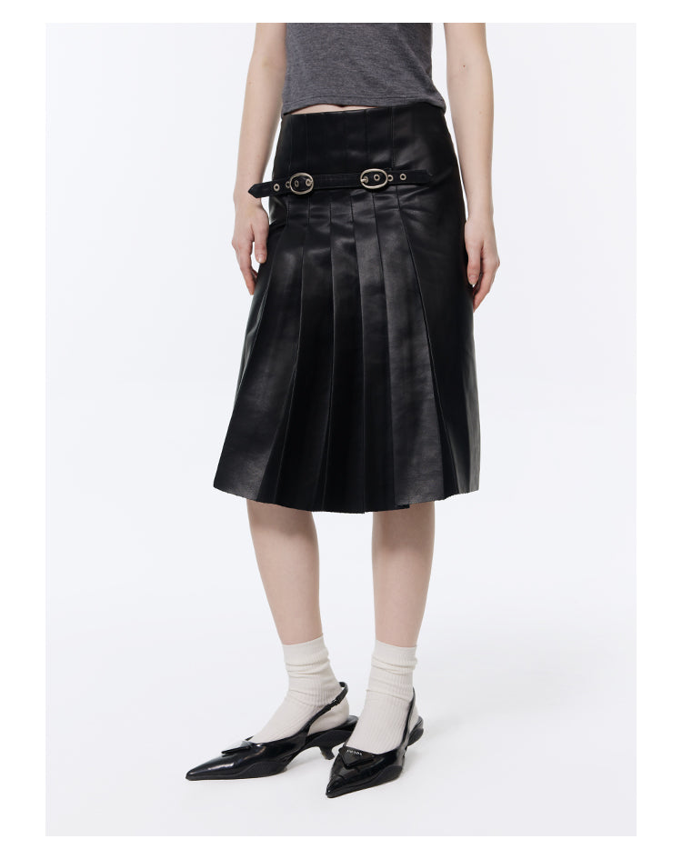 Retro Pleated A-line Leather Skirt