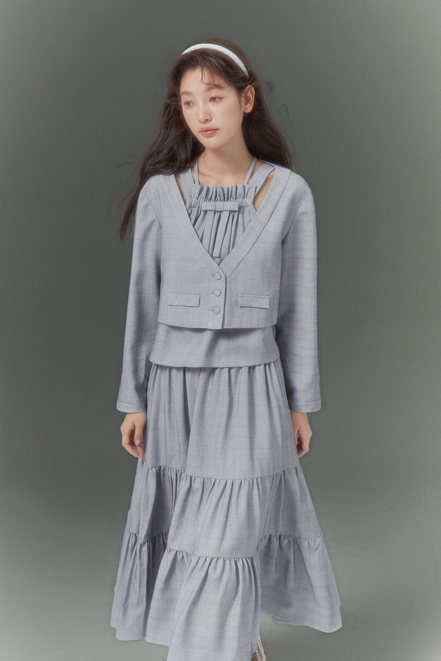 Light Blue Short Cardigan & Double Strap Top Women's Pleated Skirt