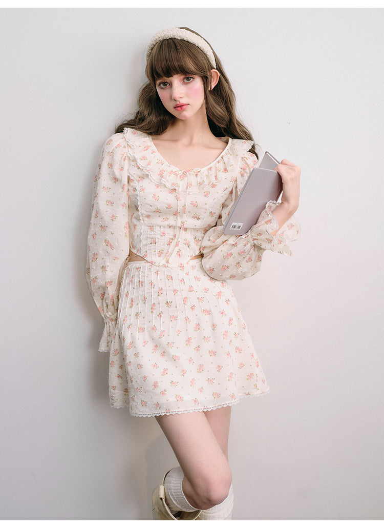 Rose Round Neck Ruffle Blouse & Short Length Skirt Set-Up